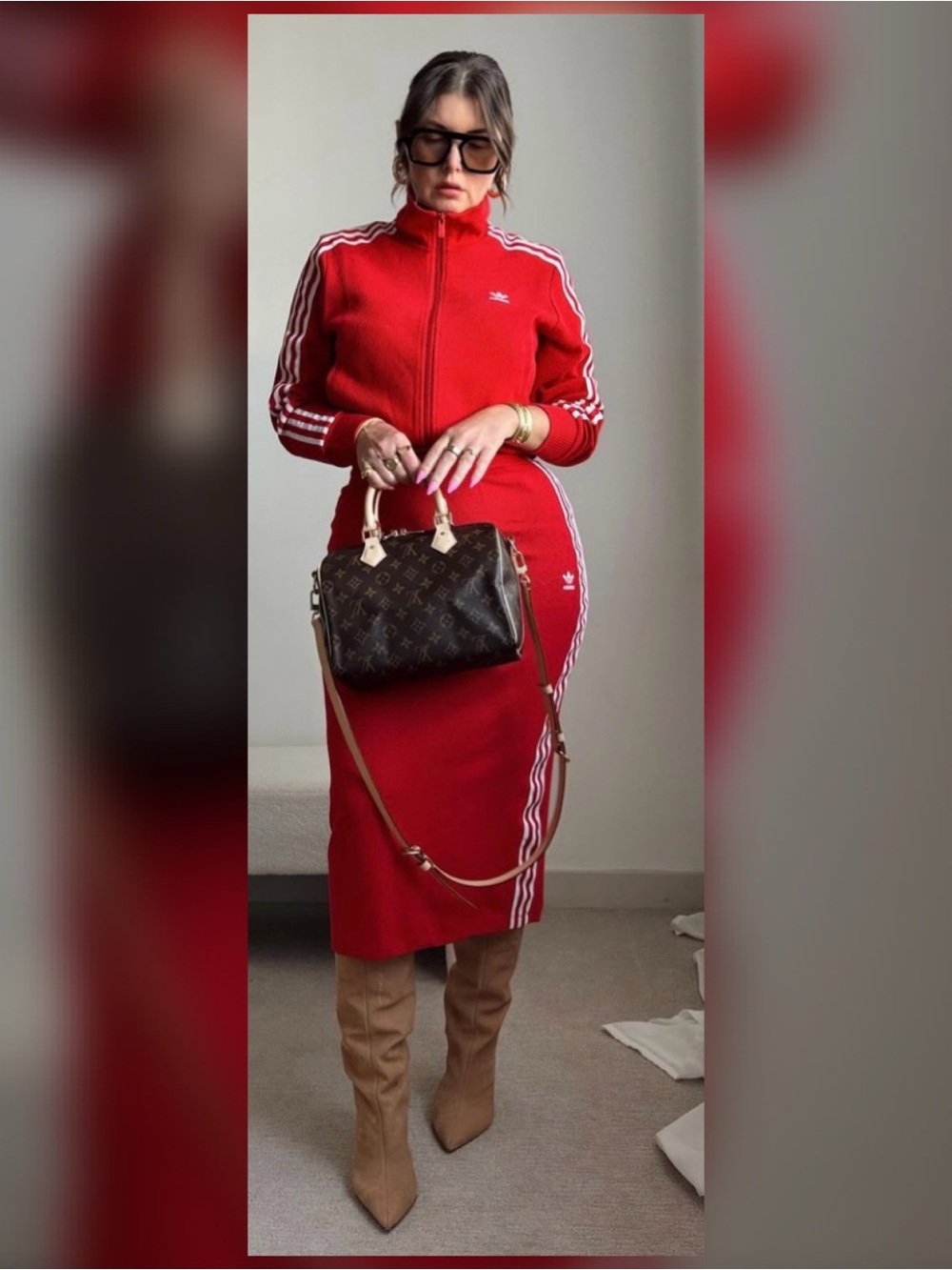 Adidas Women's Red Knit Track Jacket & Skirt Set
